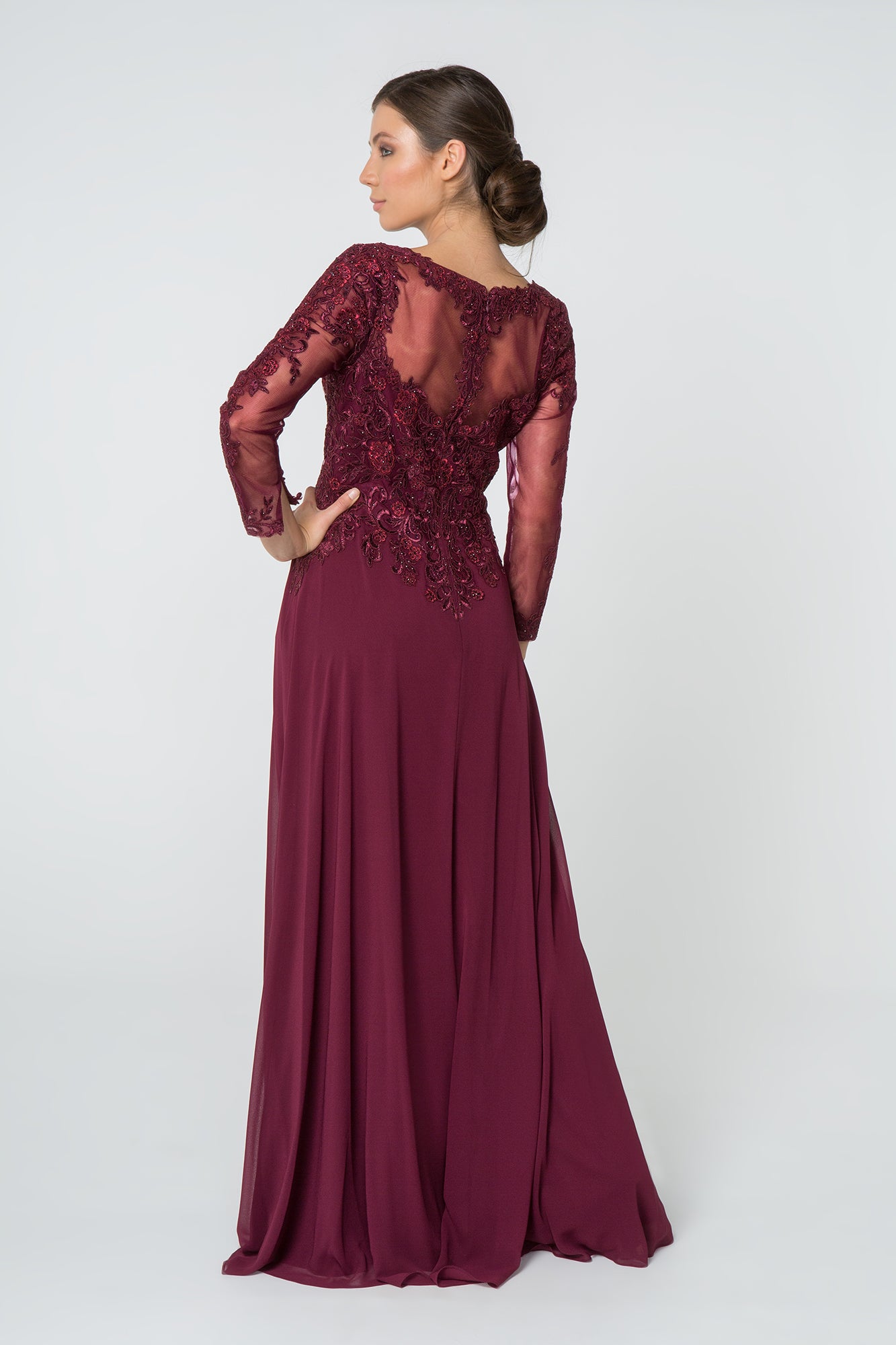 Lace Embellished V-Neck Chiffon Long Dress Mesh Sleeve GLGL2825-MOTHER OF BRIDE-smcfashion.com