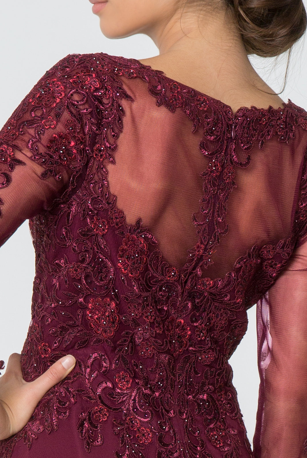 Lace Embellished V-Neck Chiffon Long Dress Mesh Sleeve GLGL2825-MOTHER OF BRIDE-smcfashion.com