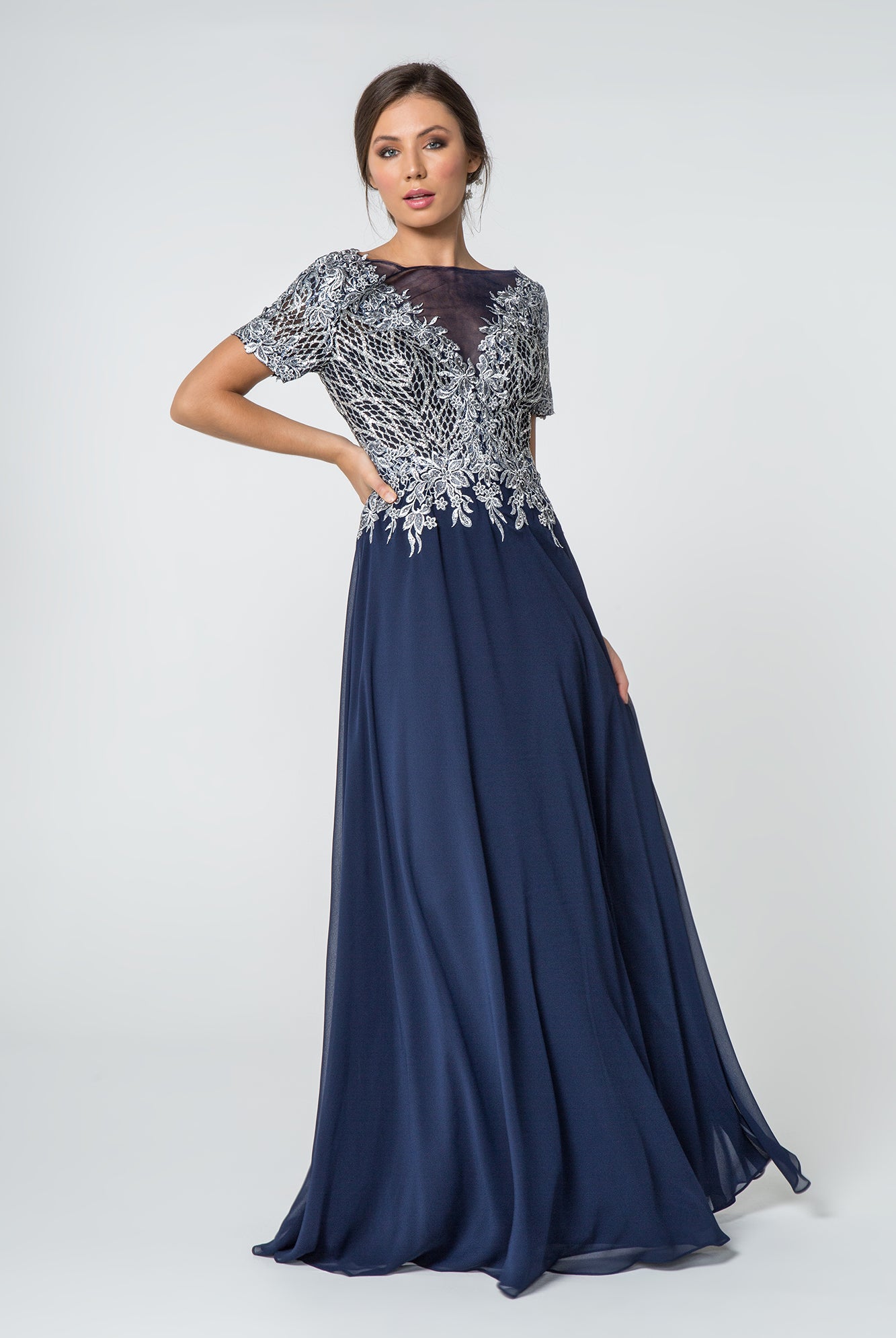 Lace Embellished Illusion V-Neck Long Dress GLGL2826-SPECIAL-smcfashion.com