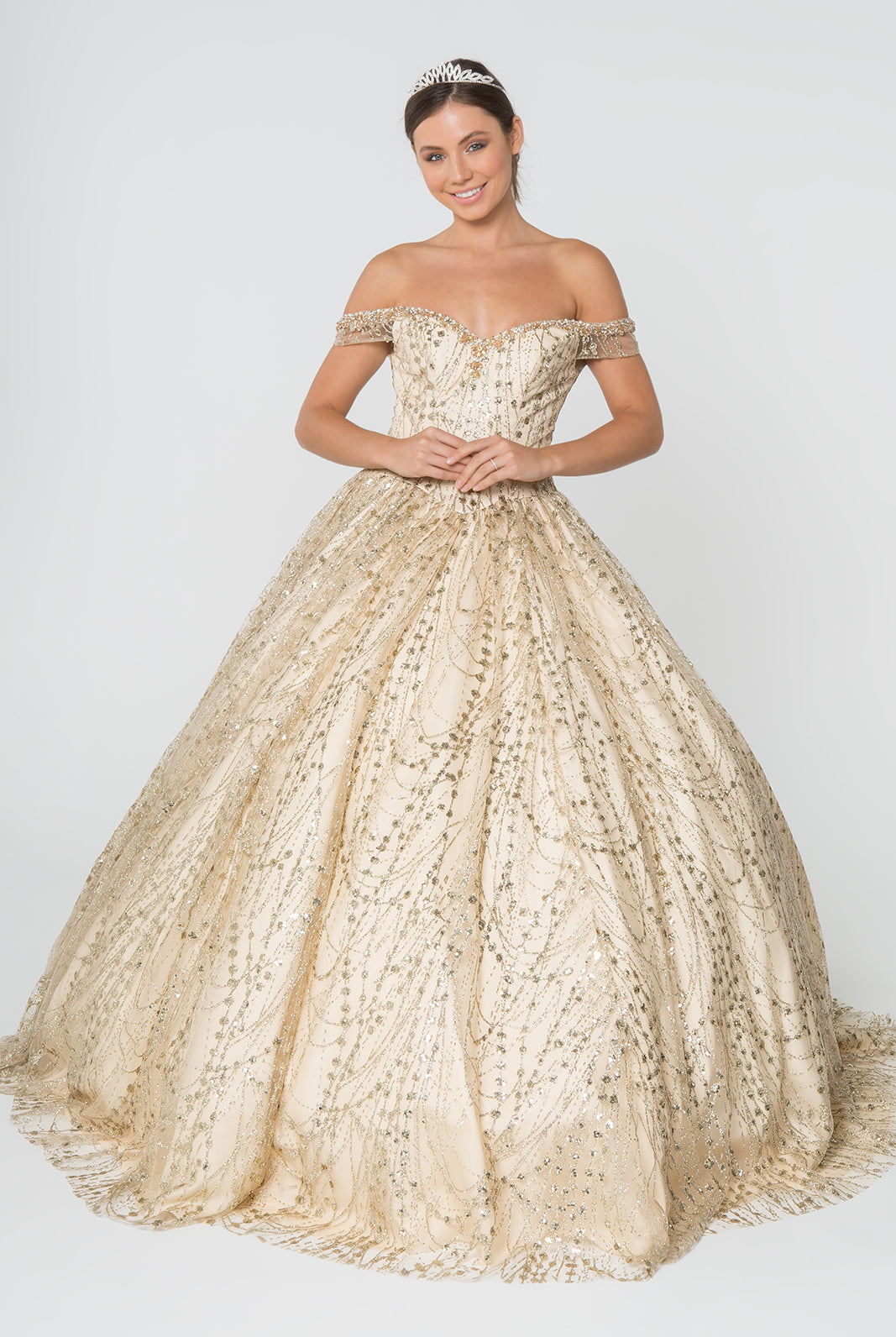 Sweetheart Neck Cut-Away Shoulder Glitter Mesh Ball Gown GLGL2831-QUINCEANERA-smcfashion.com