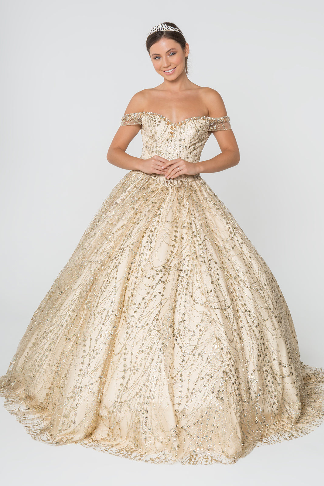 Sweetheart Neck Cut-Away Shoulder Glitter Mesh Ball Gown GLGL2831-QUINCEANERA-smcfashion.com