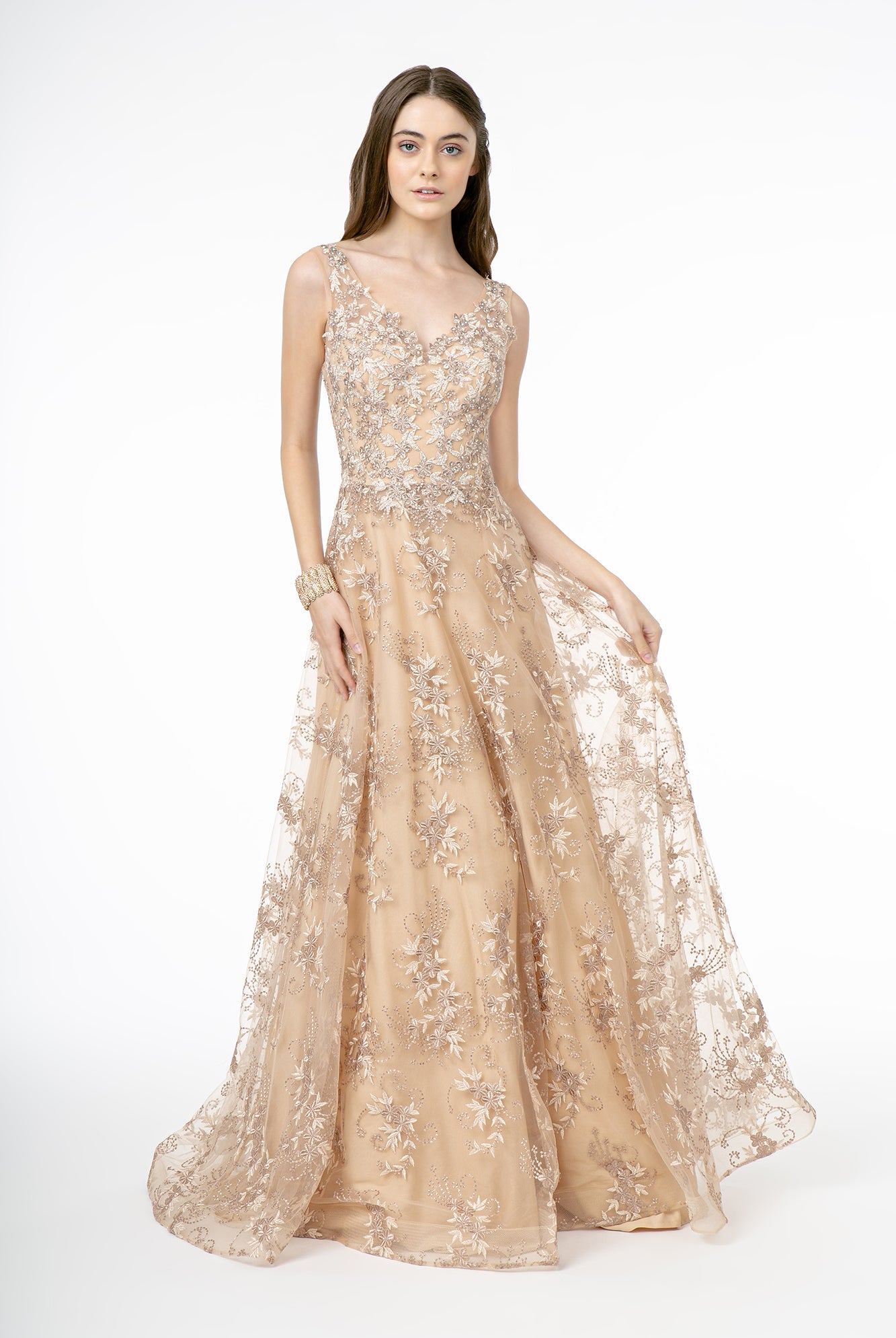 Embroidery Embellished V-Neck Tulle A-Line Dress GLGL2884-PROM-smcfashion.com