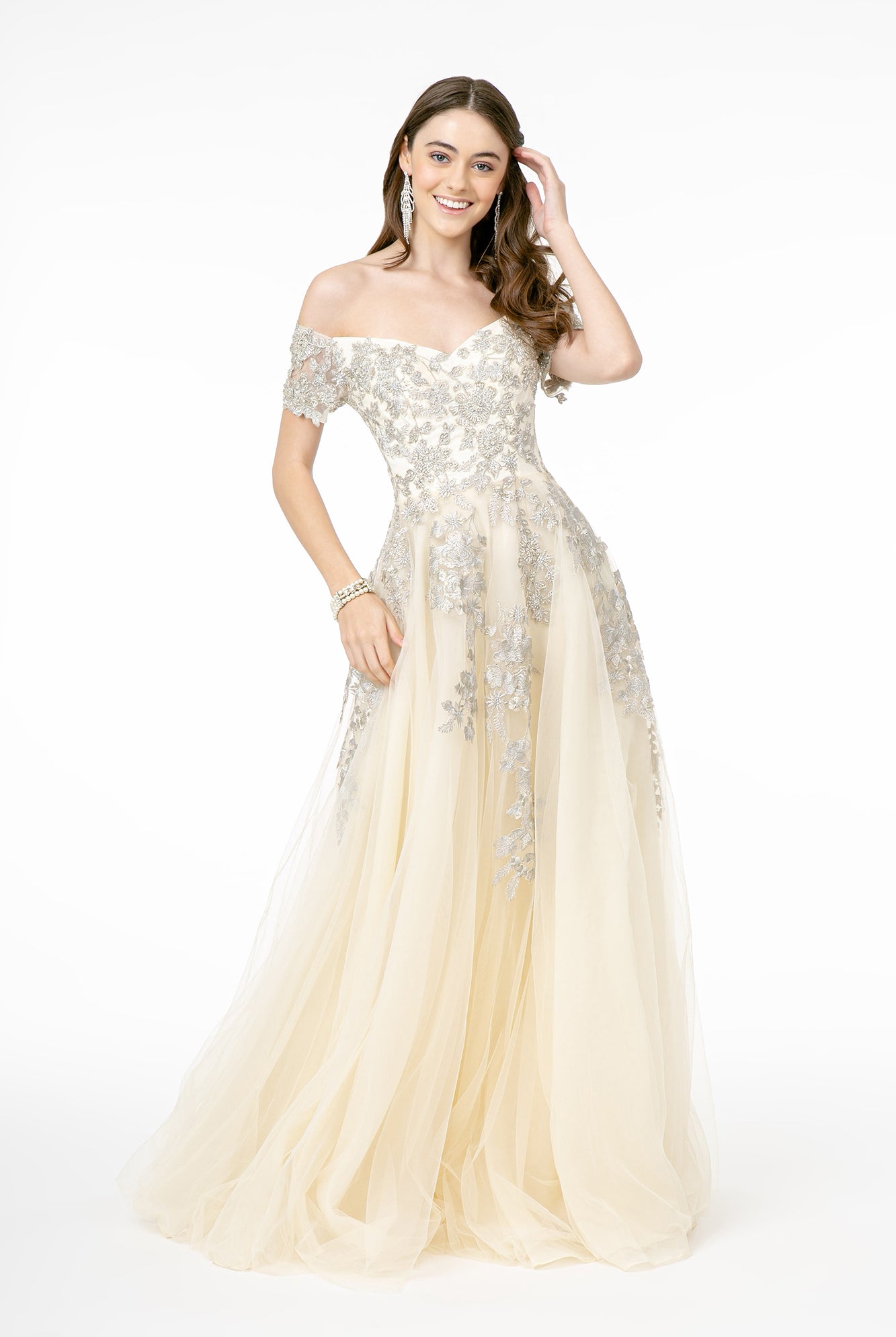 Embroidered Mesh A-Line Long Dress V-Back GLGL2885-PROM-smcfashion.com