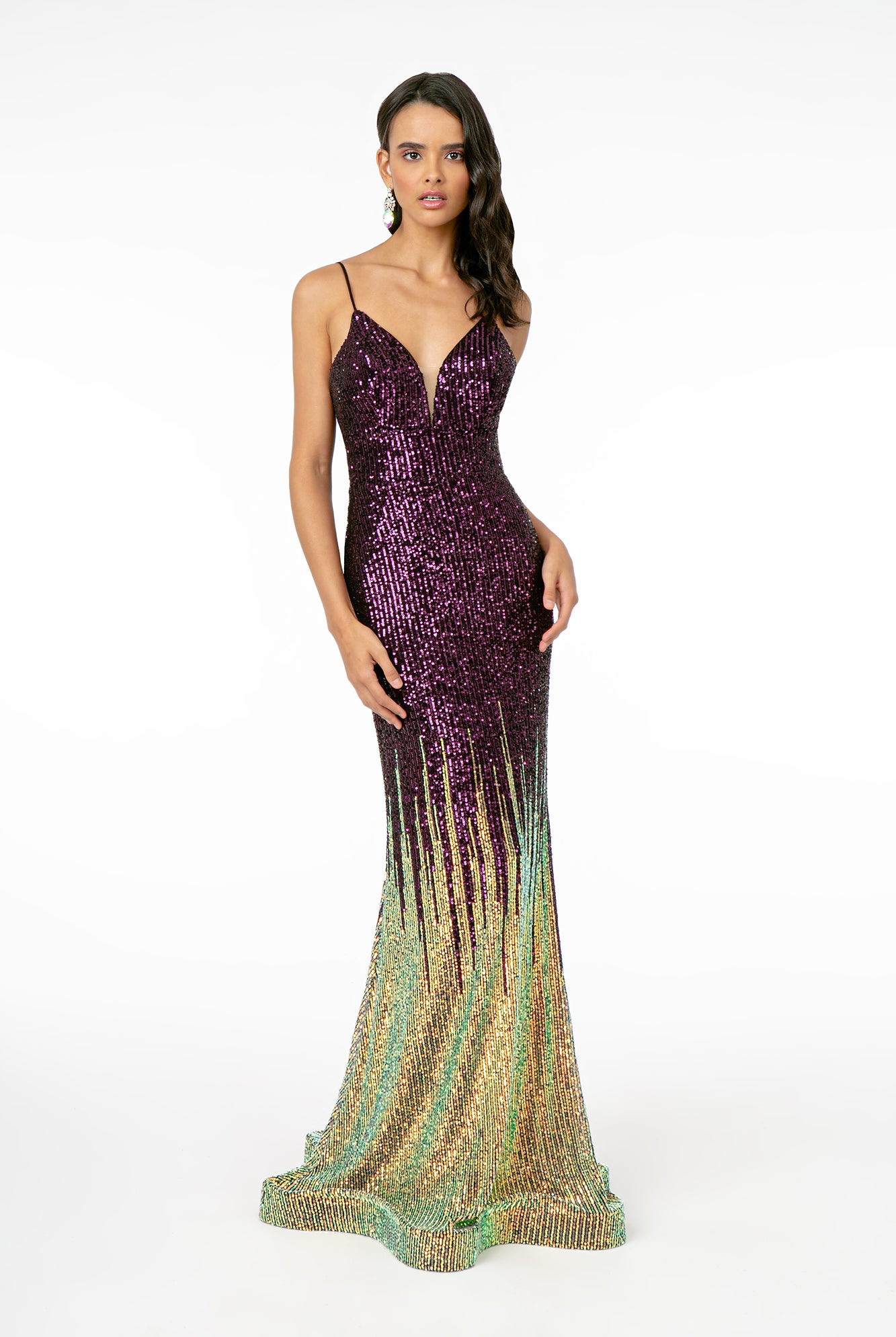 Illusion V-Neck Full Sequin Spaghetti Strap Long Dress GLGL2899-PROM-smcfashion.com
