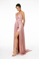 Pleated Bodice Metallic Lame Long Dress Leg Slit GLGL2927-PROM-smcfashion.com