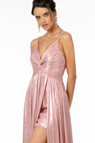 Pleated Bodice Metallic Lame Long Dress Leg Slit GLGL2927-PROM-smcfashion.com