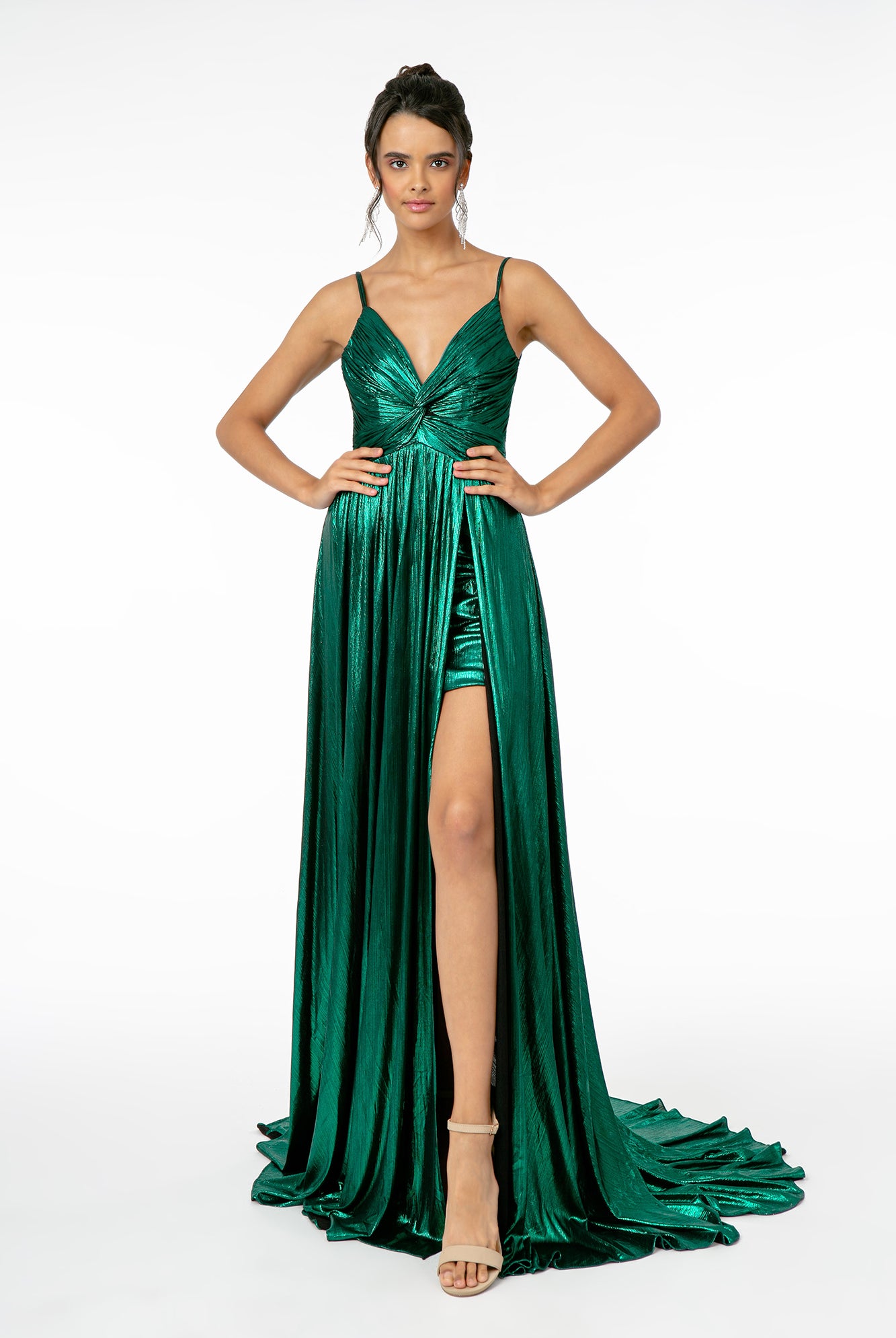 Pleated Bodice Metallic Lame Long Dress Leg Slit GLGL2927-PROM-smcfashion.com