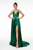 Pleated Bodice Metallic Lame Long Dress Leg Slit GLGL2927-PROM-smcfashion.com