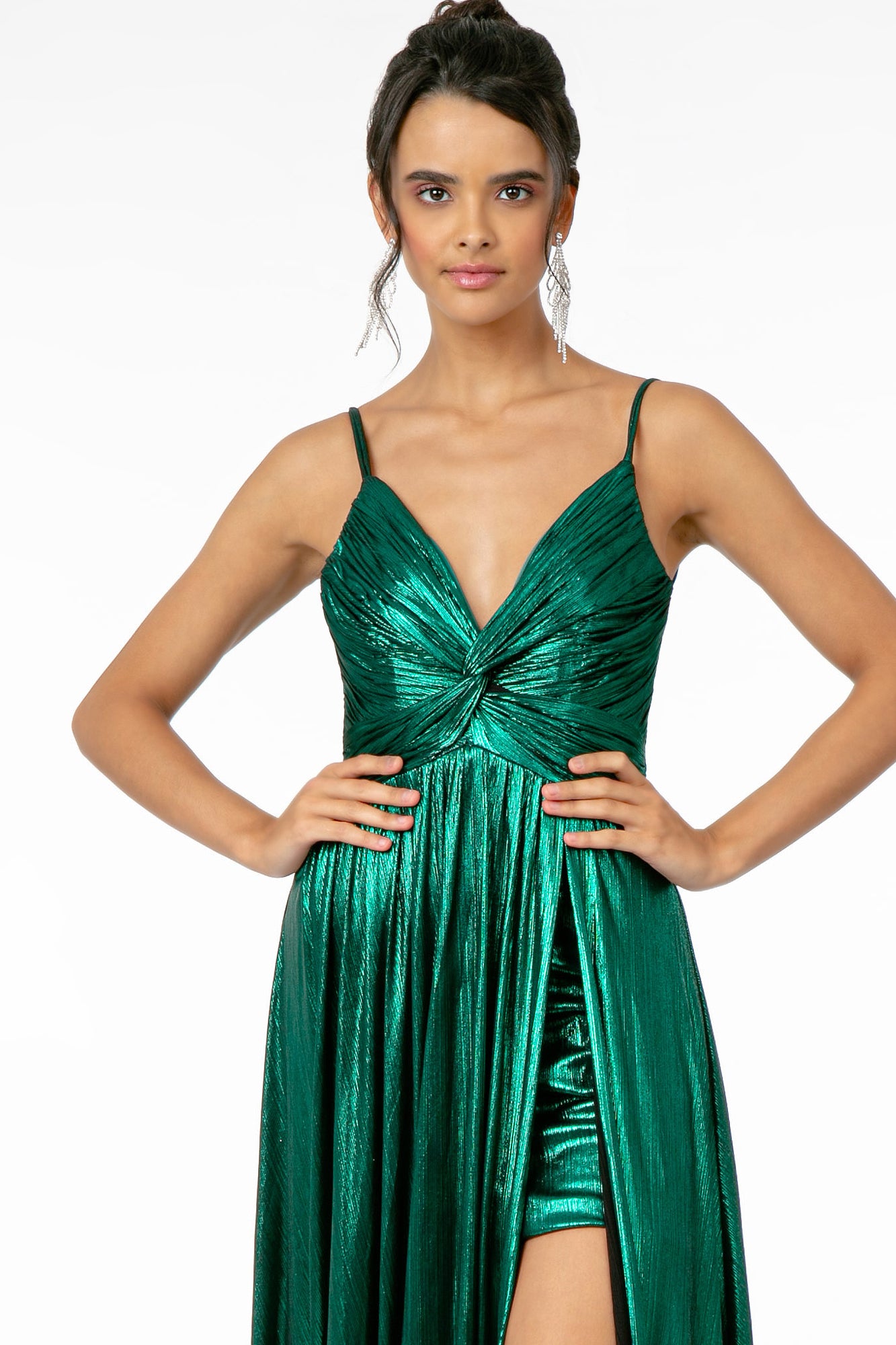 Pleated Bodice Metallic Lame Long Dress Leg Slit GLGL2927-PROM-smcfashion.com