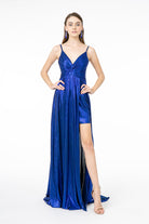 Pleated Bodice Metallic Lame Long Dress Leg Slit GLGL2927-PROM-smcfashion.com