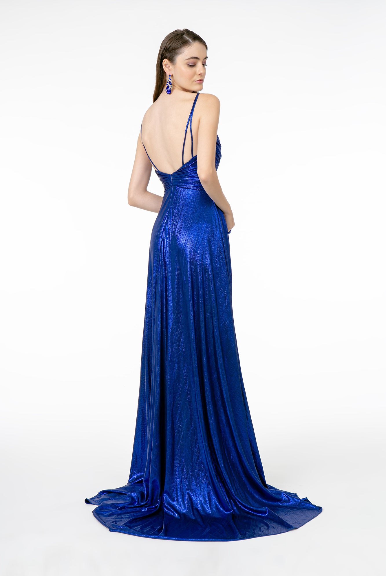 Pleated Bodice Metallic Lame Long Dress Leg Slit GLGL2927-PROM-smcfashion.com