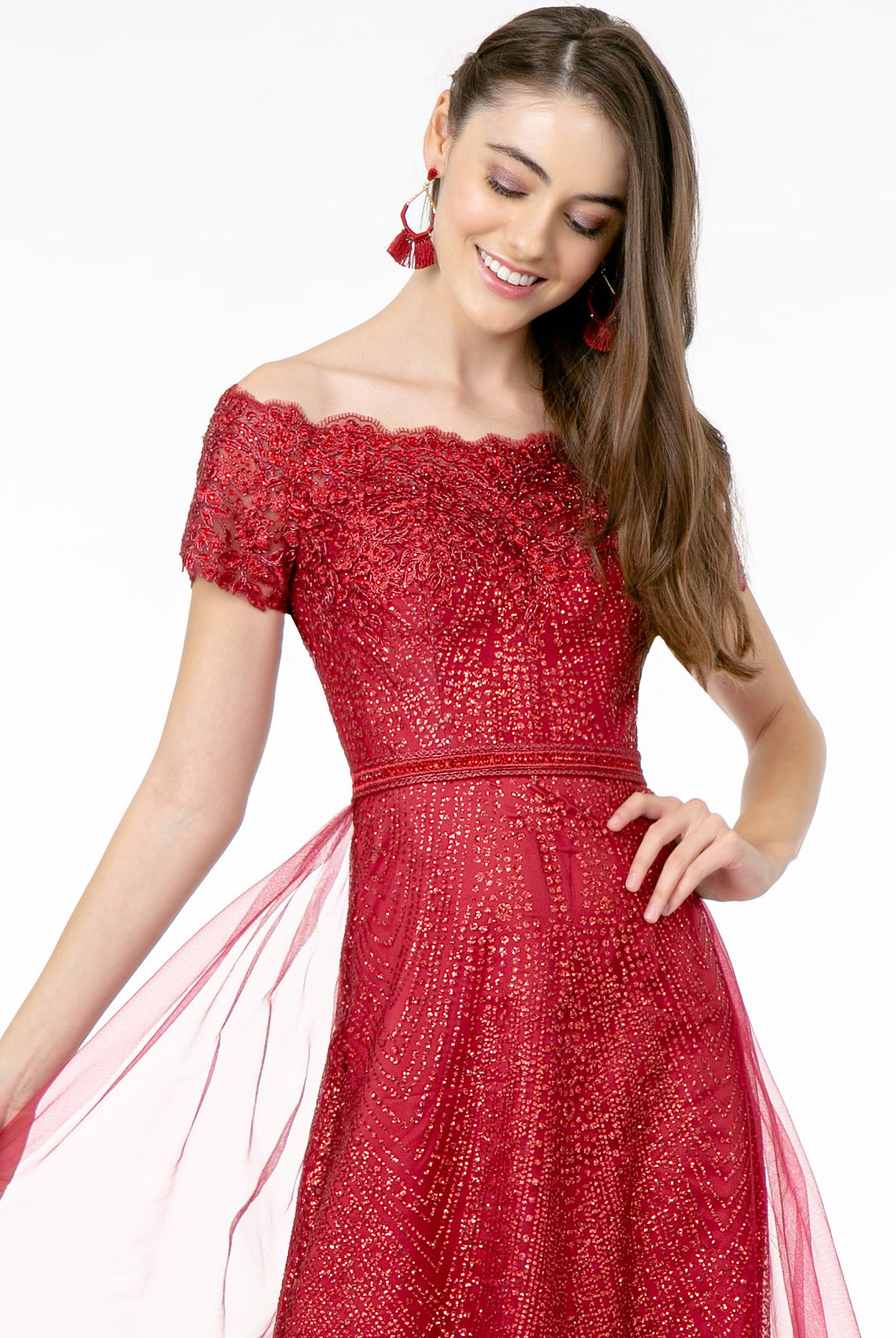 Glitter Print Mesh Cut-Away Shoulder A-Line Dress GLGL2942-MOTHER OF BRIDE-smcfashion.com