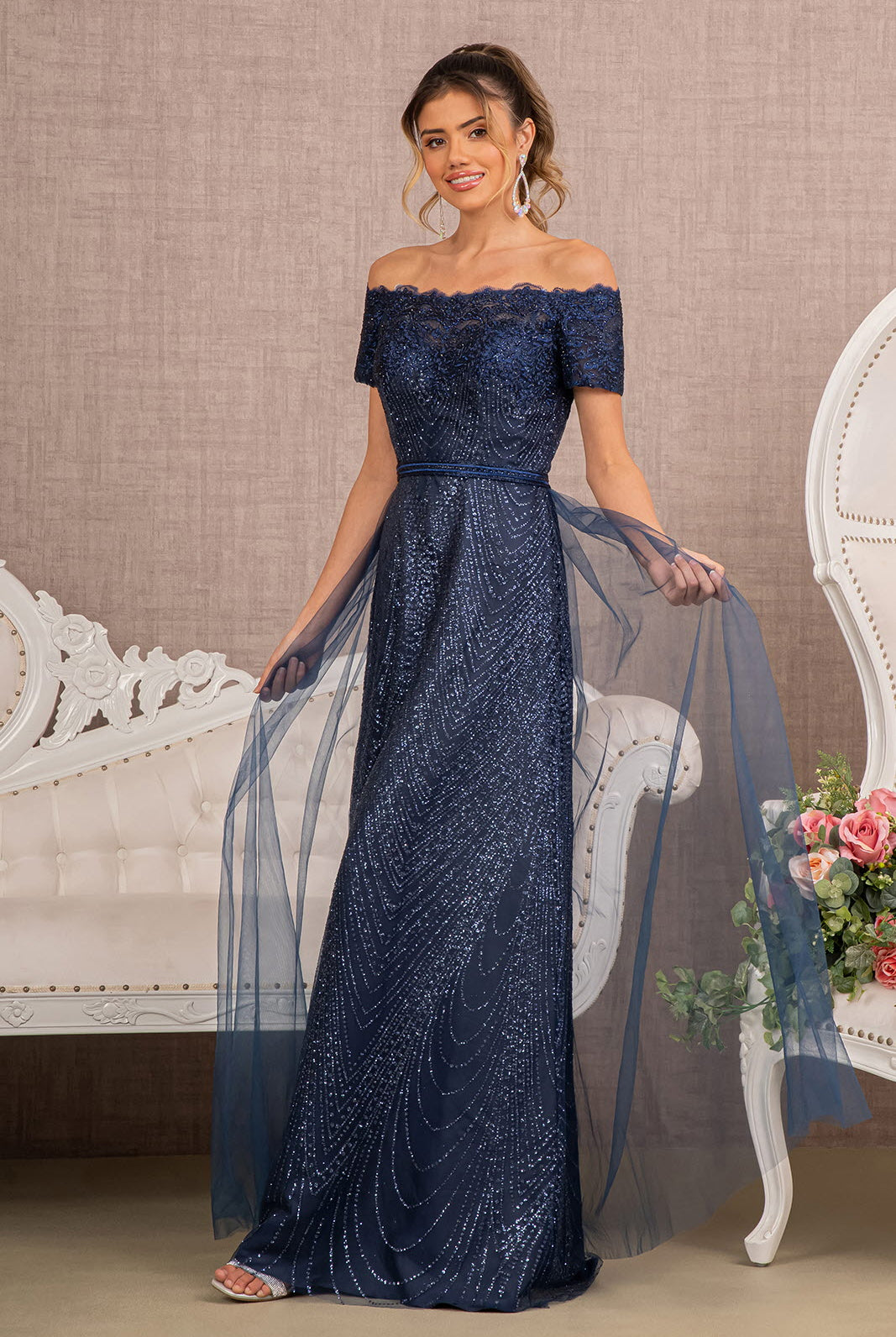 Glitter Print Mesh Cut-Away Shoulder A-Line Dress GLGL2942-MOTHER OF BRIDE-smcfashion.com