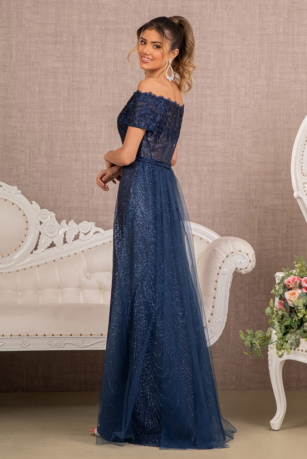 Glitter Print Mesh Cut-Away Shoulder A-Line Dress GLGL2942-MOTHER OF BRIDE-smcfashion.com