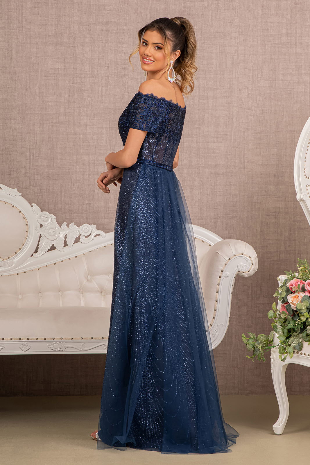 Glitter Print Mesh Cut-Away Shoulder A-Line Dress GLGL2942-MOTHER OF BRIDE-smcfashion.com