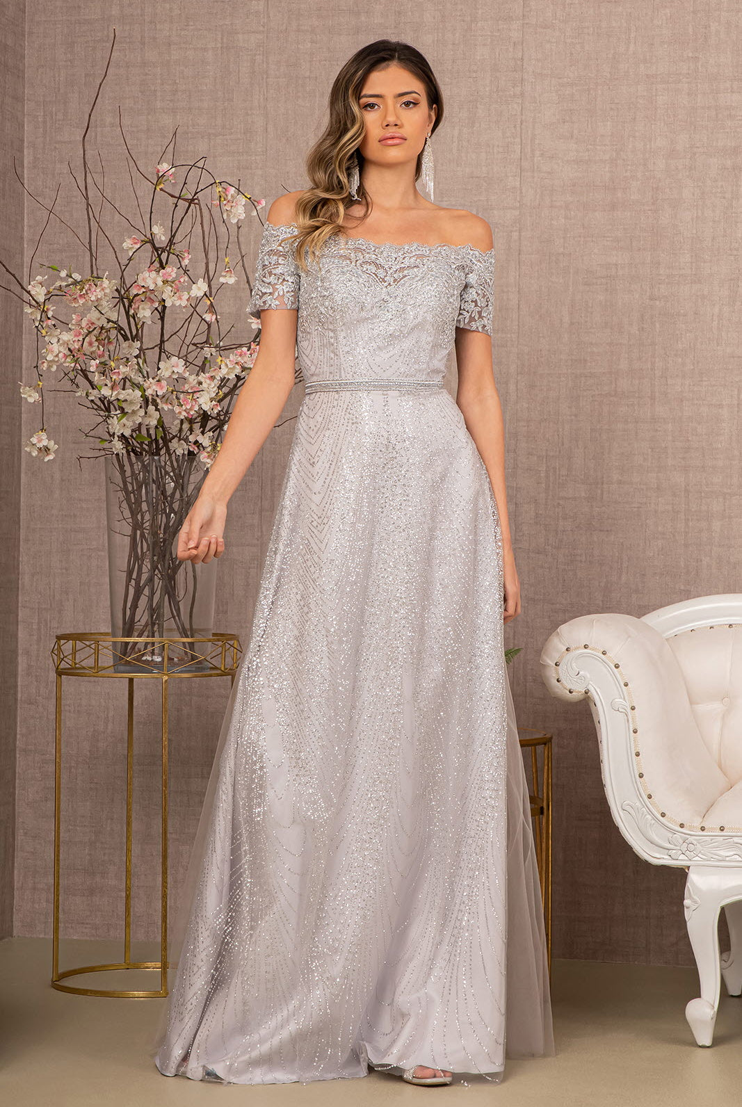 Glitter Print Mesh Cut-Away Shoulder A-Line Dress GLGL2942-MOTHER OF BRIDE-smcfashion.com