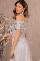 Glitter Print Mesh Cut-Away Shoulder A-Line Dress GLGL2942-MOTHER OF BRIDE-smcfashion.com