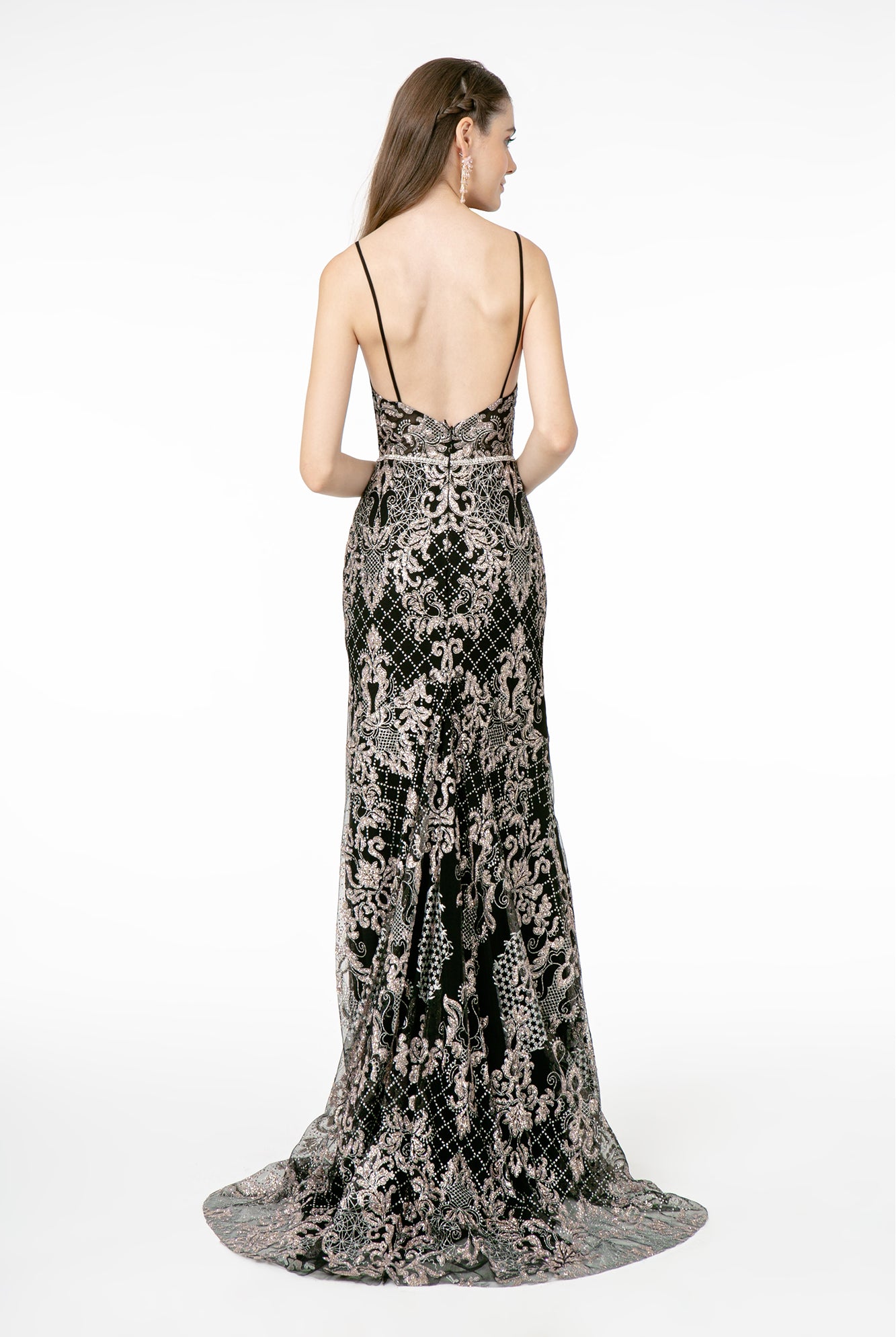 Jeweled Waist Band Accented Glitter Mesh Long Dress GLGL2990-PROM-smcfashion.com