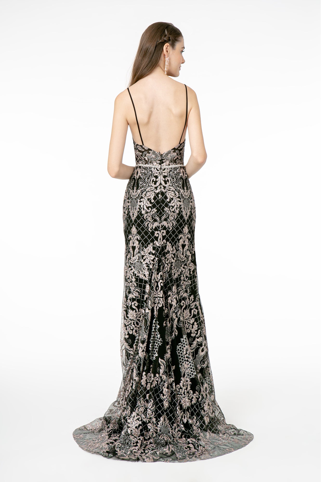 Jeweled Waist Band Accented Glitter Mesh Long Dress GLGL2990-PROM-smcfashion.com