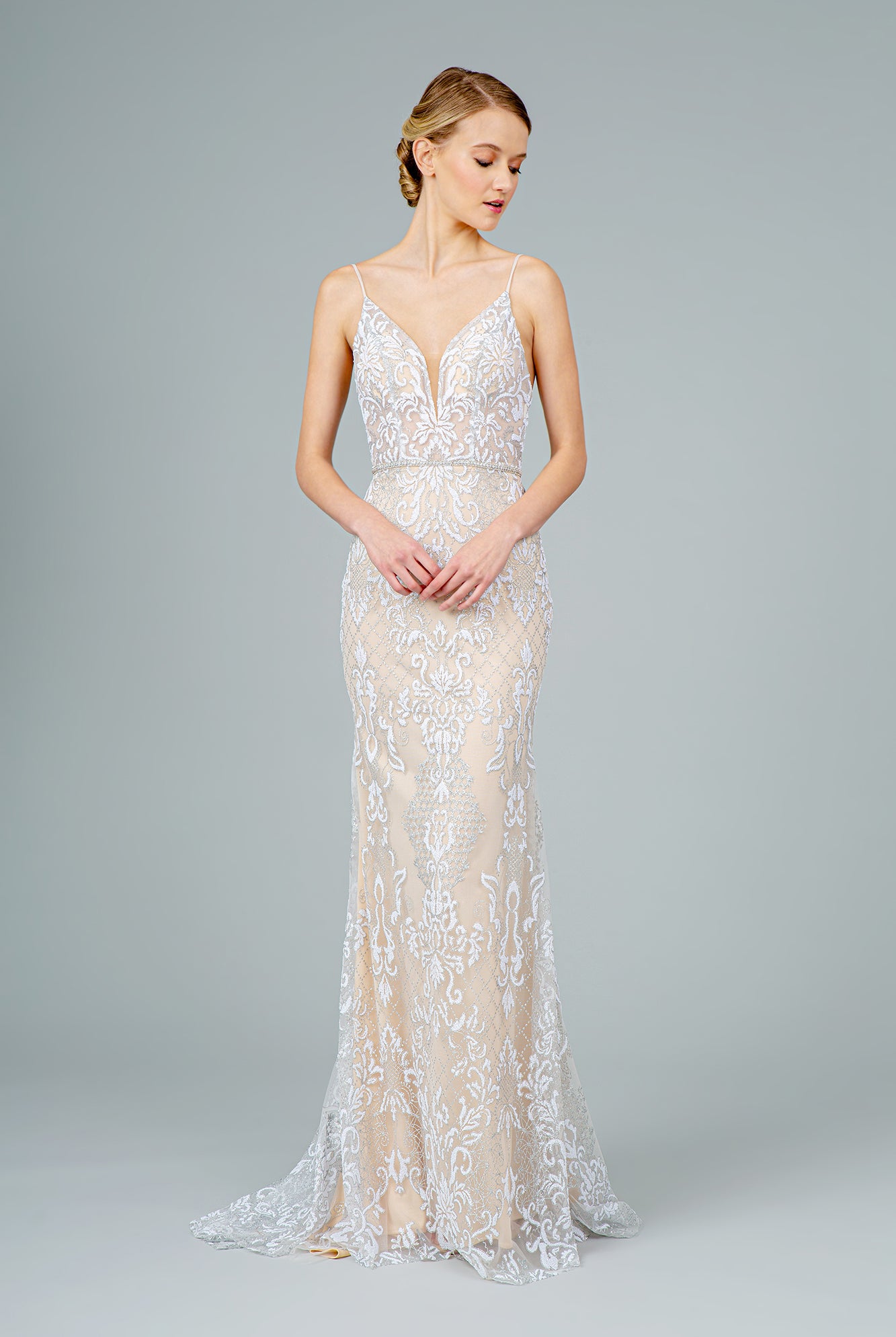 Jeweled Waist Band Accented Glitter Mesh Long Dress GLGL2990-PROM-smcfashion.com