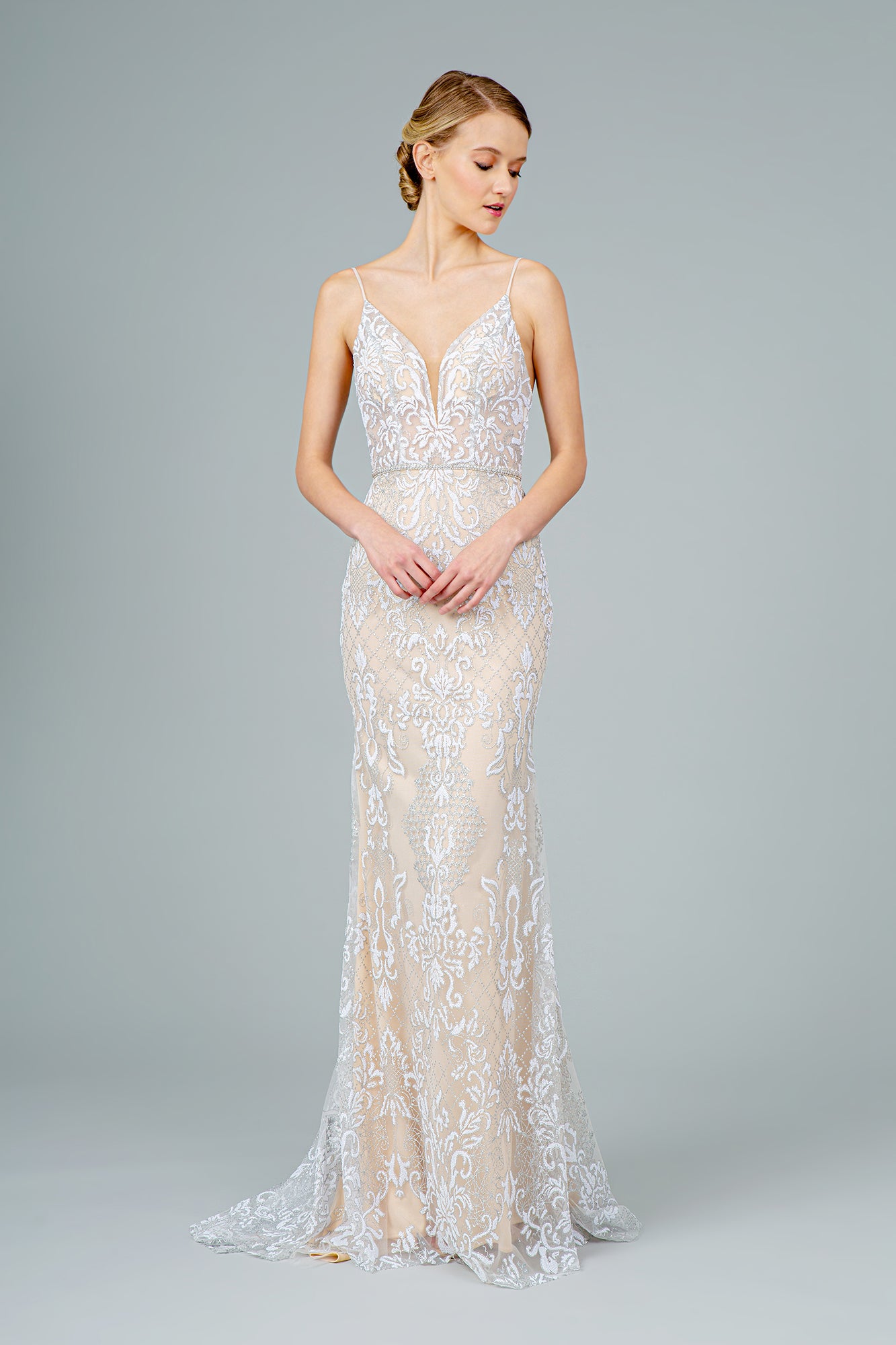 Jeweled Waist Band Accented Glitter Mesh Long Dress GLGL2990-PROM-smcfashion.com