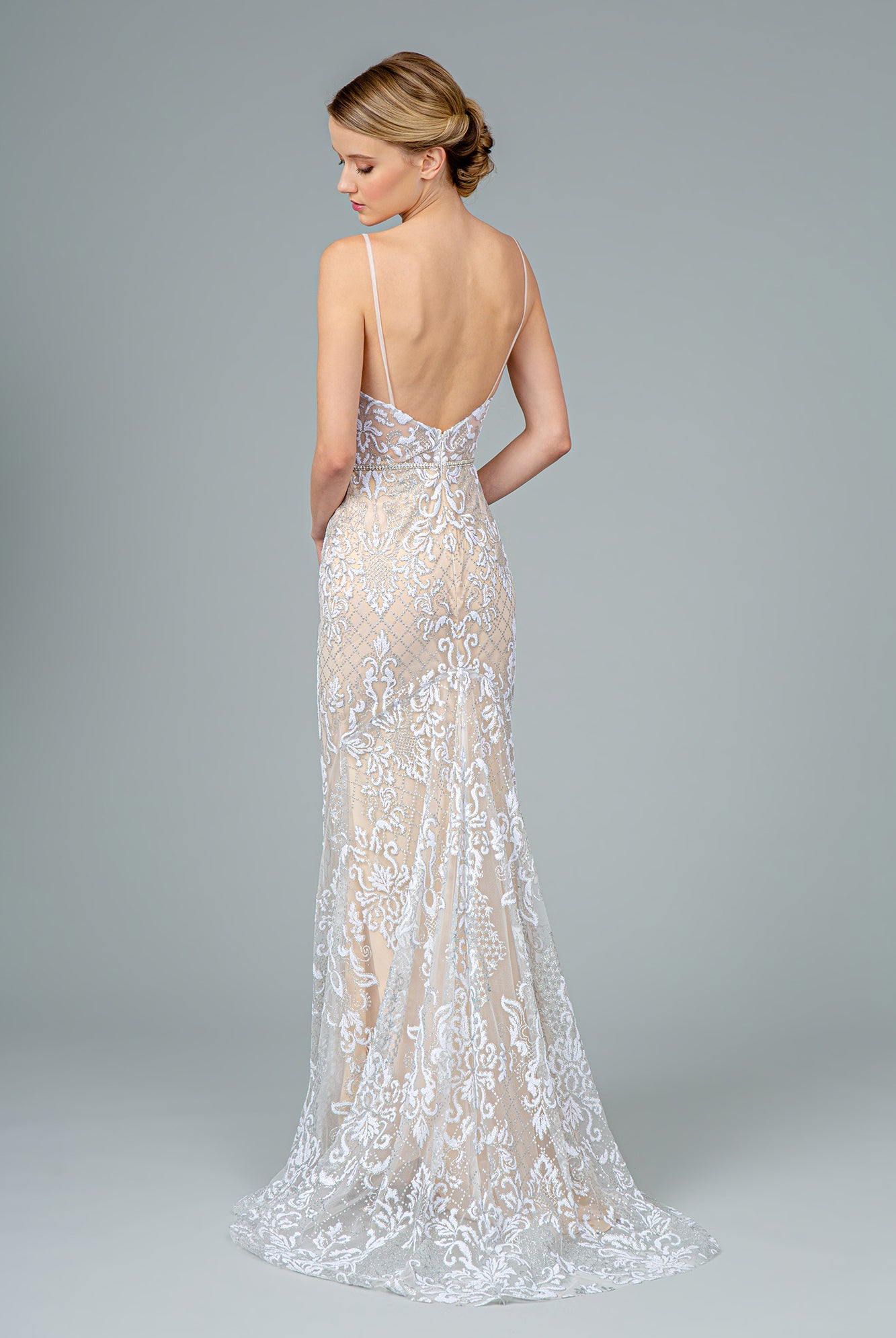 Jeweled Waist Band Accented Glitter Mesh Long Dress GLGL2990-PROM-smcfashion.com