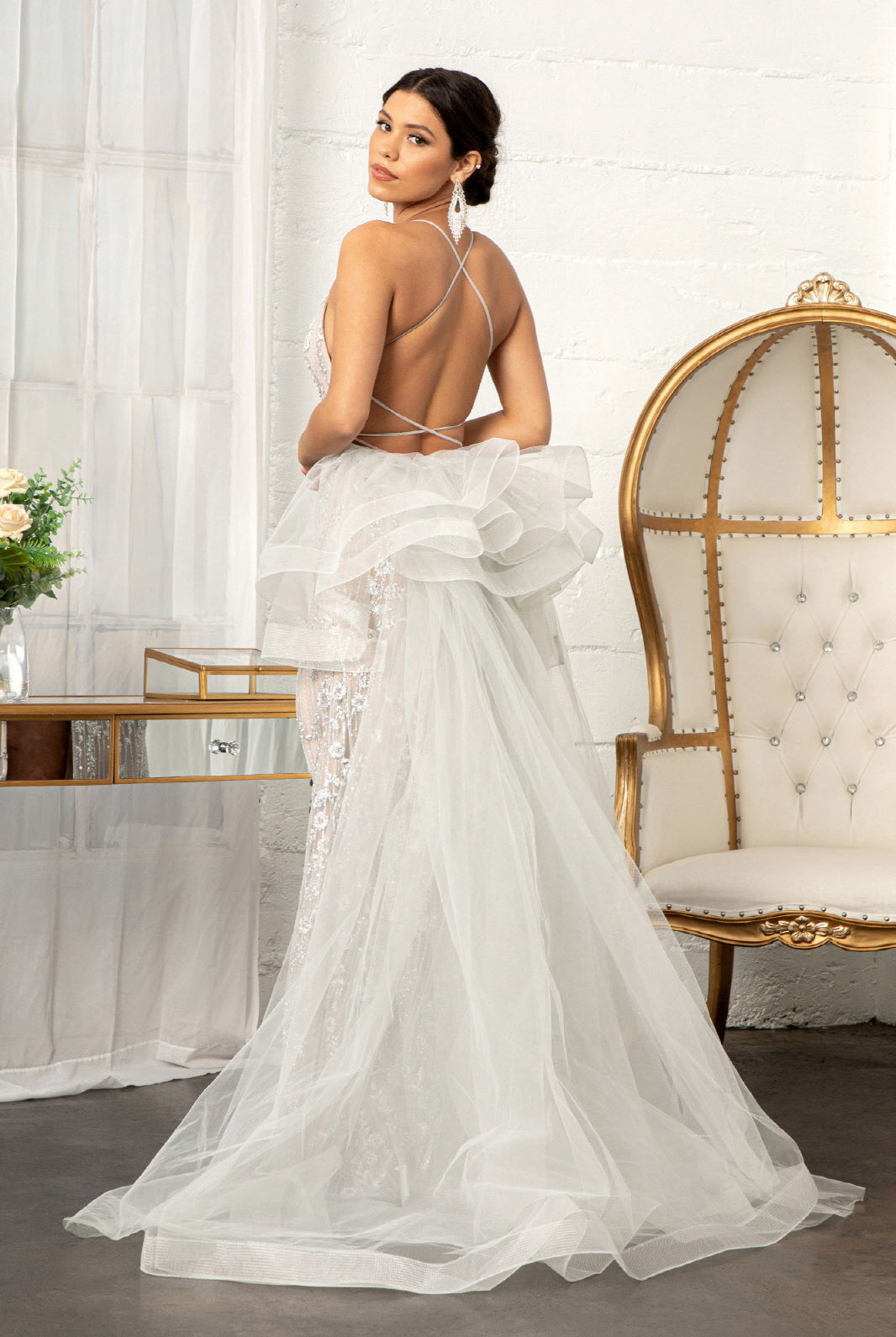 Jewel Embellished Mesh Mermaid Dress Side Slit and Detached Mesh Layer GLGL3003-PROM-smcfashion.com