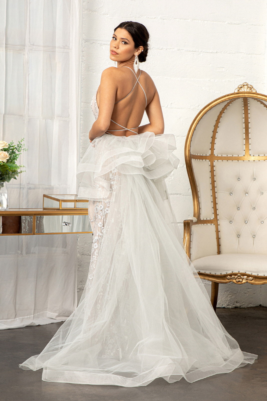 Jewel Embellished Mesh Mermaid Dress Side Slit and Detached Mesh Layer GLGL3003-PROM-smcfashion.com