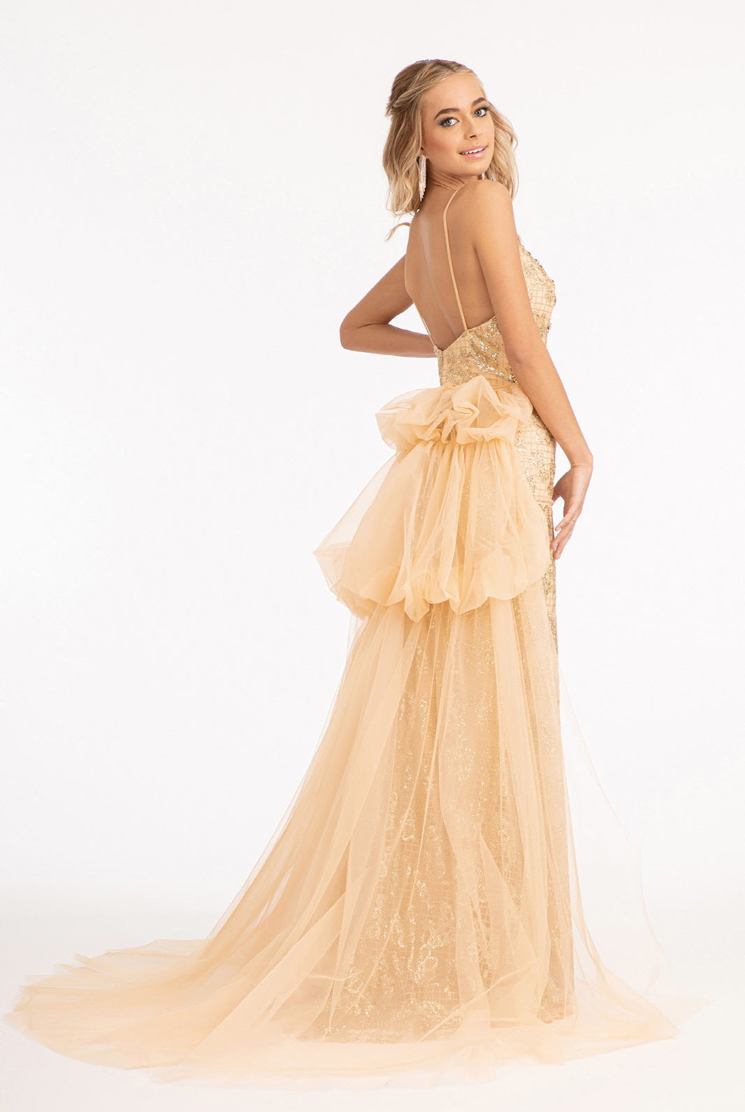 Glitter Embellished Mesh Mermaid Dress Jewel Embellishment and Detached Layer GLGL3004-PROM-smcfashion.com