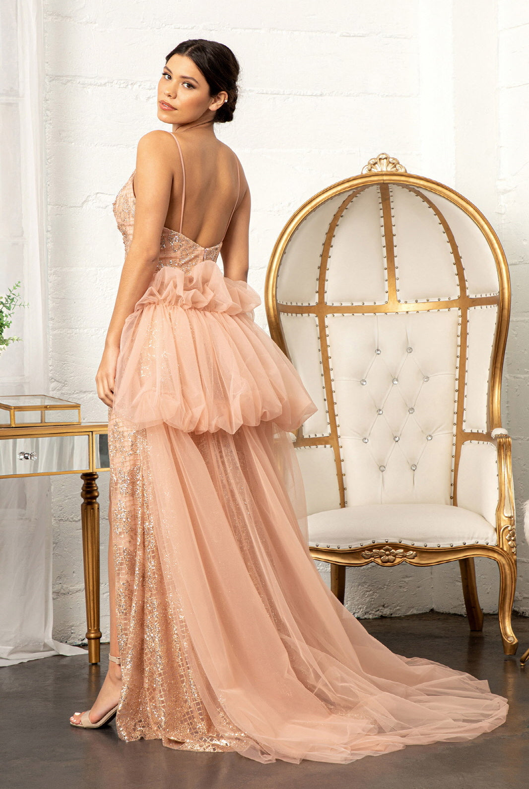 Glitter Embellished Mesh Mermaid Dress Jewel Embellishment and Detached Layer GLGL3004-PROM-smcfashion.com