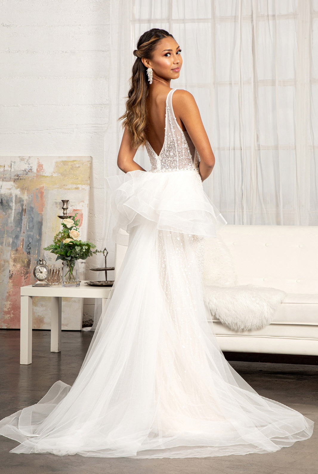 3D Flower Applique Mermaid Mesh Wedding Gown Detached Mesh Layer GLGL3014-WEDDING GOWNS-smcfashion.com