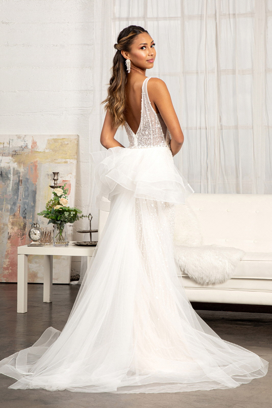 3D Flower Applique Mermaid Mesh Wedding Gown Detached Mesh Layer GLGL3014-WEDDING GOWNS-smcfashion.com