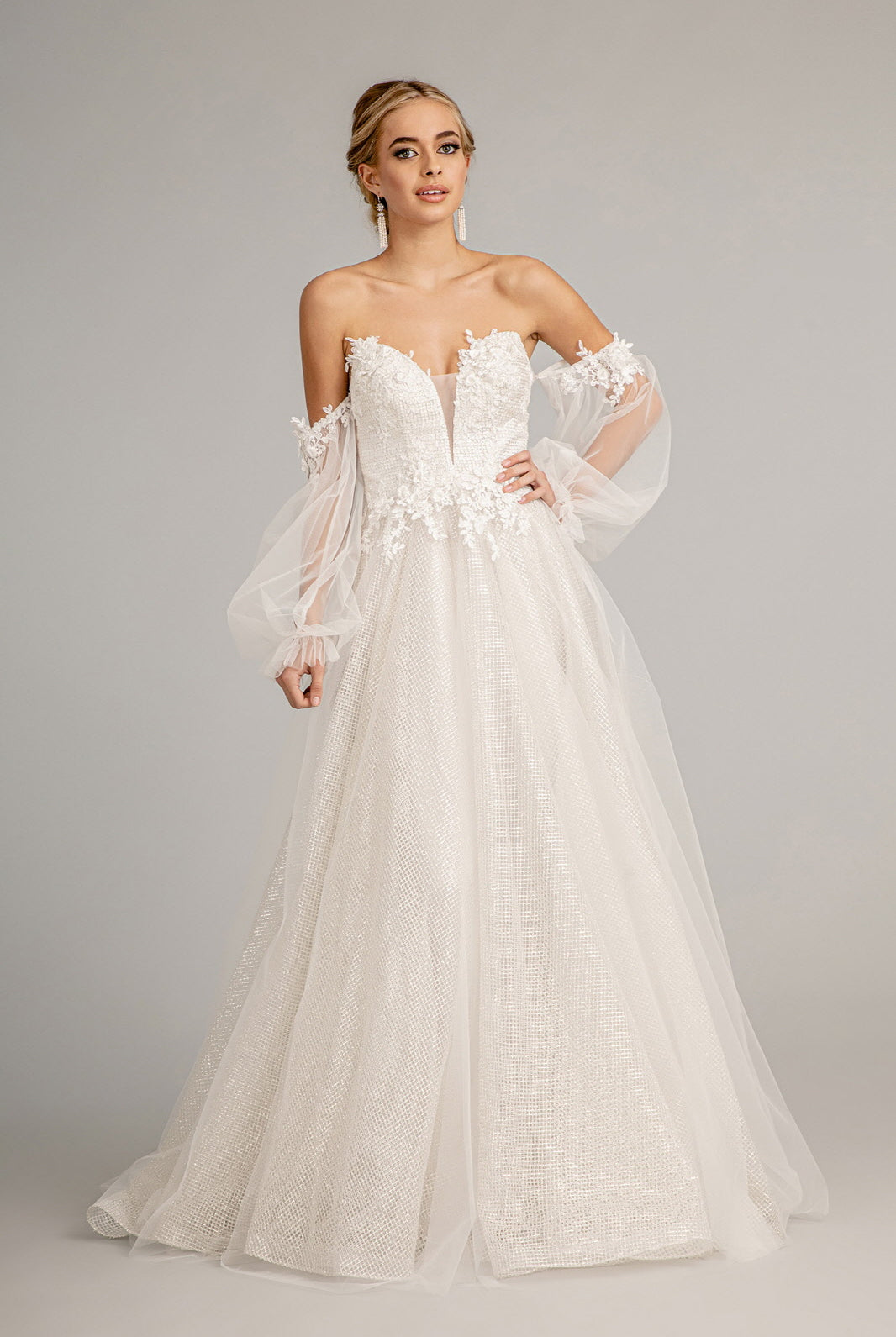 3D Flower Embellished Glitter Netting A-line Dress Detached Long Sleeves GLGL3015-PROM-smcfashion.com
