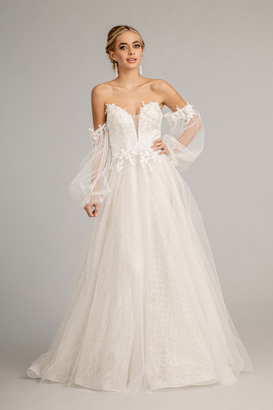 3D Flower Embellished Glitter Netting A-line Dress Detached Long Sleeves GLGL3015-PROM-smcfashion.com