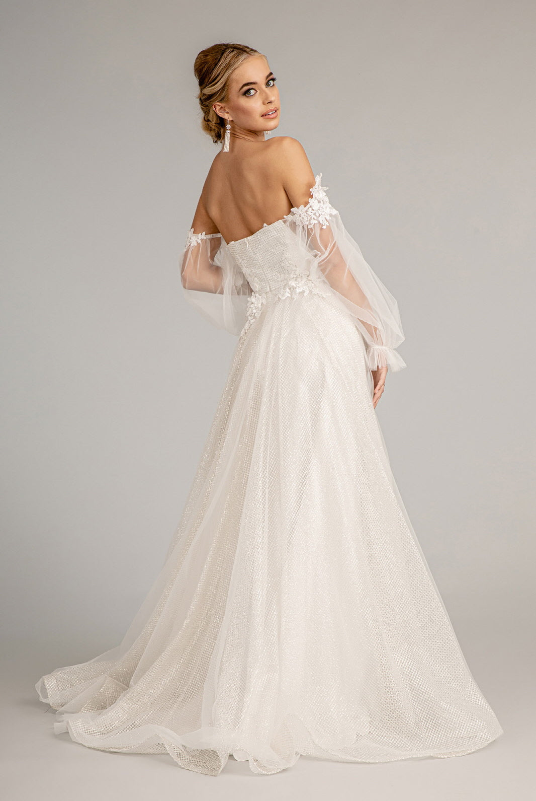 3D Flower Embellished Glitter Netting A-line Dress Detached Long Sleeves GLGL3015-PROM-smcfashion.com