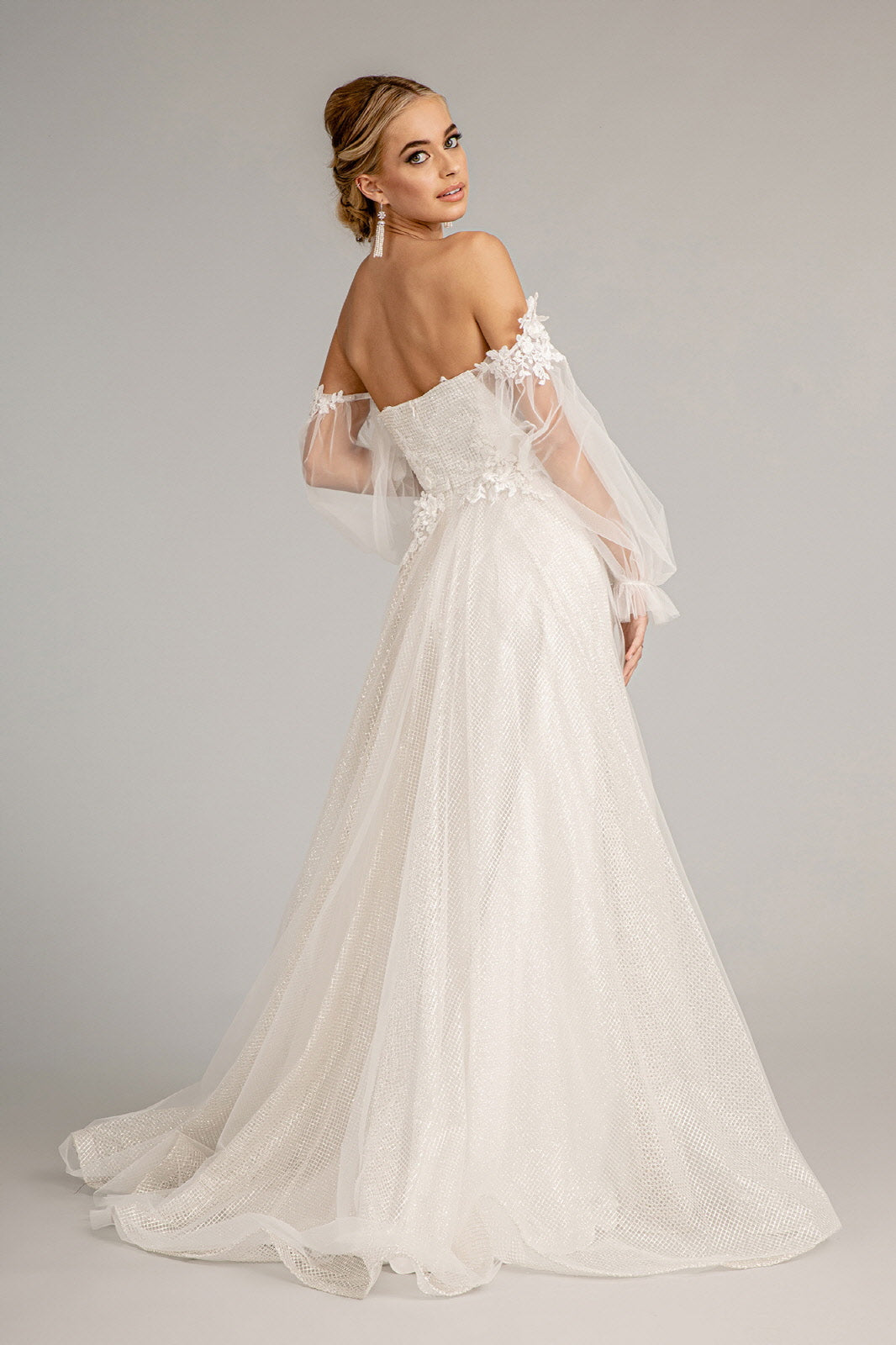 3D Flower Embellished Glitter Netting A-line Dress Detached Long Sleeves GLGL3015-PROM-smcfashion.com