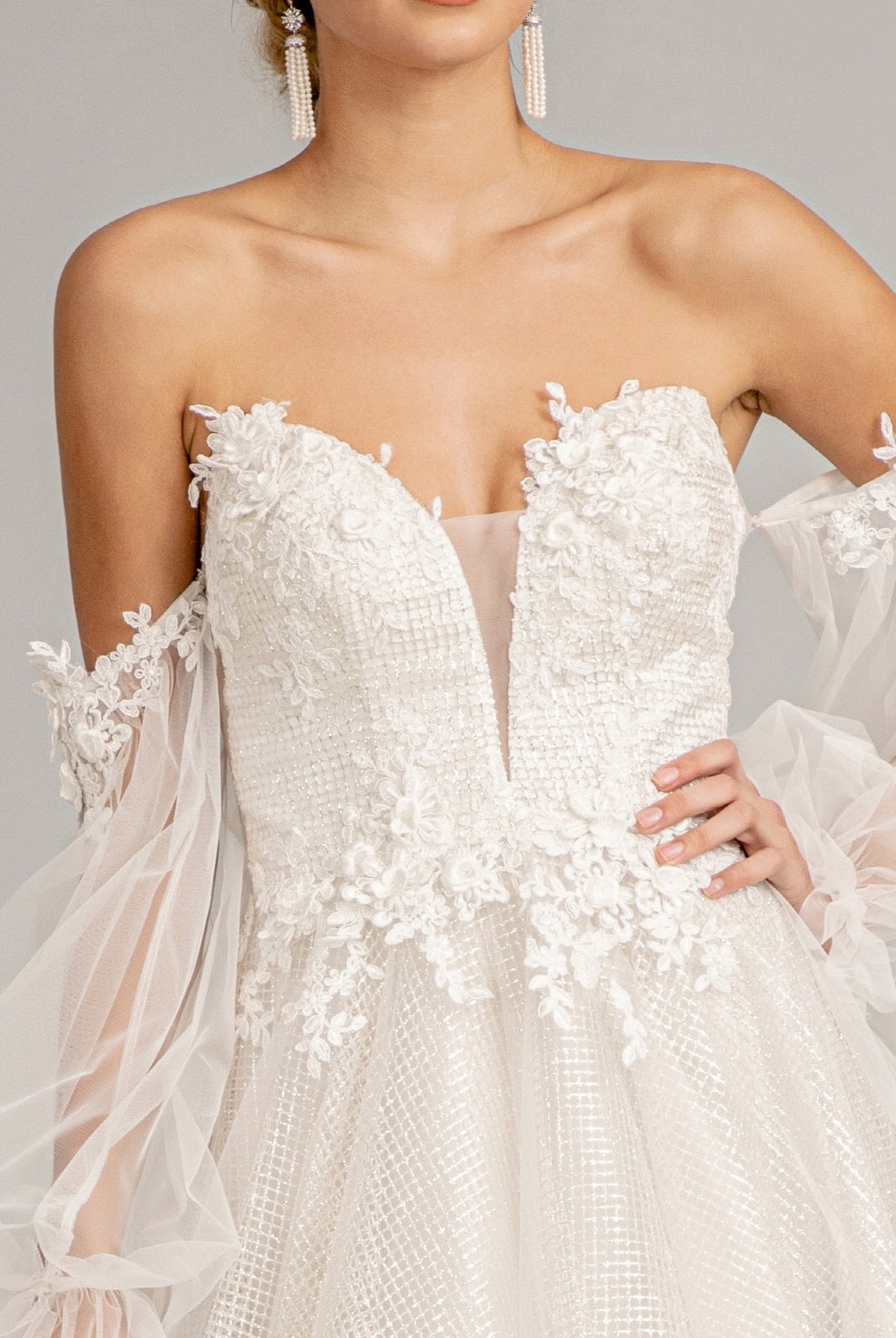 3D Flower Embellished Glitter Netting A-line Dress Detached Long Sleeves GLGL3015-PROM-smcfashion.com