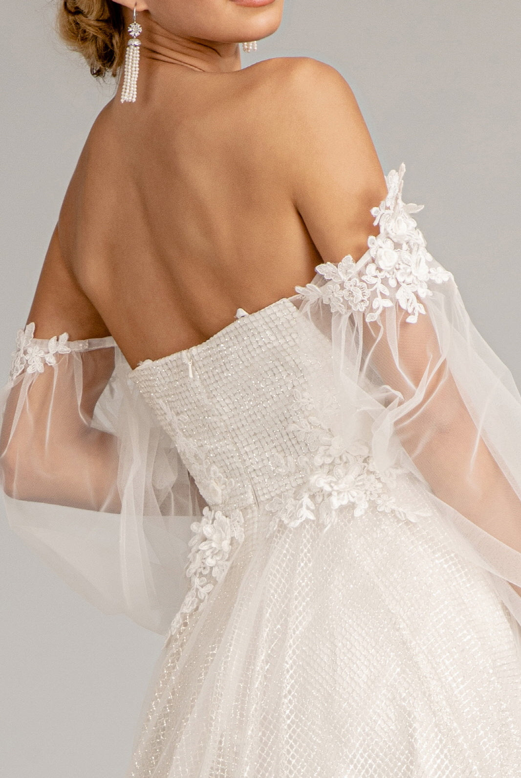 3D Flower Embellished Glitter Netting A-line Dress Detached Long Sleeves GLGL3015-PROM-smcfashion.com