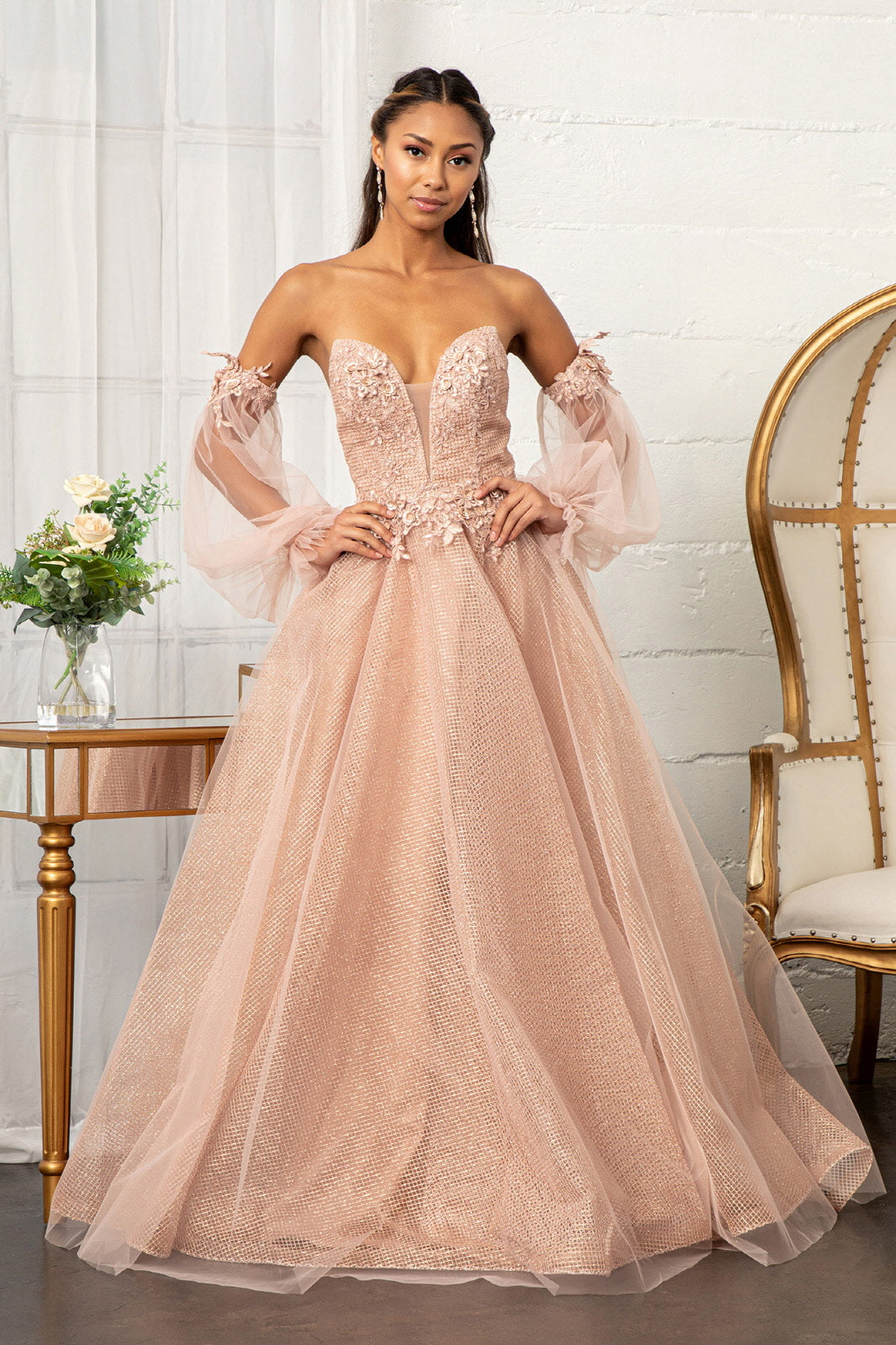 3D Flower Embellished Glitter Netting A-line Dress Detached Long Sleeves GLGL3015-PROM-smcfashion.com