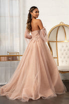 3D Flower Embellished Glitter Netting A-line Dress Detached Long Sleeves GLGL3015-PROM-smcfashion.com