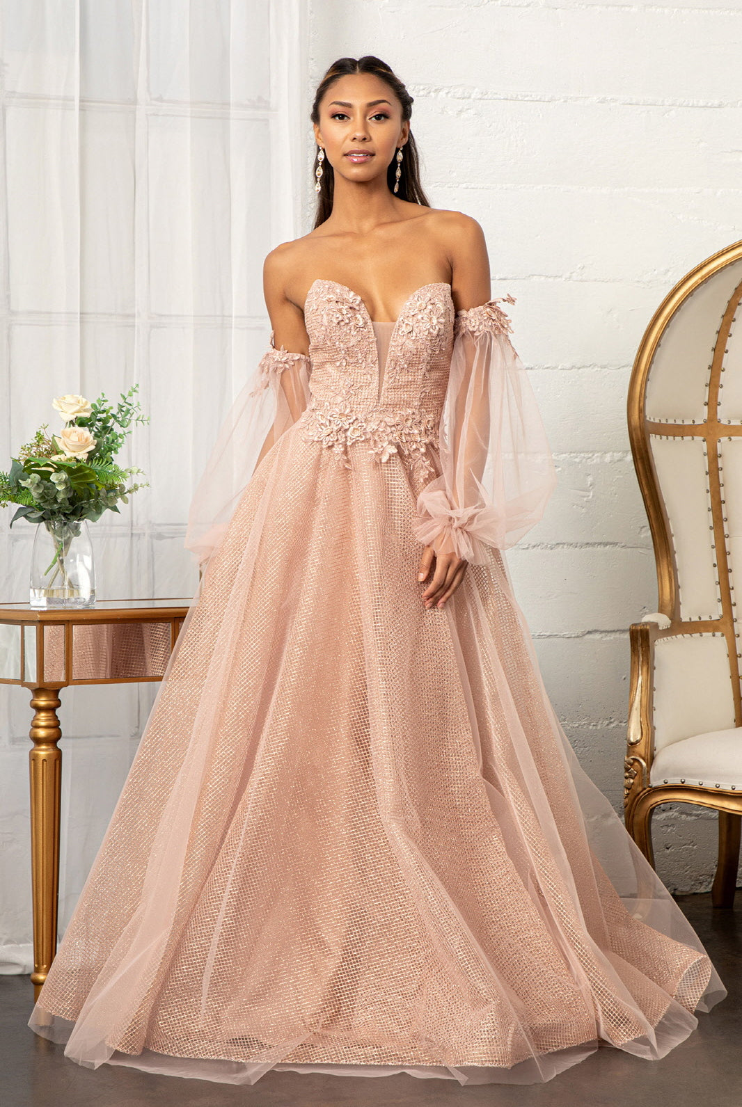 3D Flower Embellished Glitter Netting A-line Dress Detached Long Sleeves GLGL3015-PROM-smcfashion.com