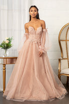 3D Flower Embellished Glitter Netting A-line Dress Detached Long Sleeves GLGL3015-PROM-smcfashion.com