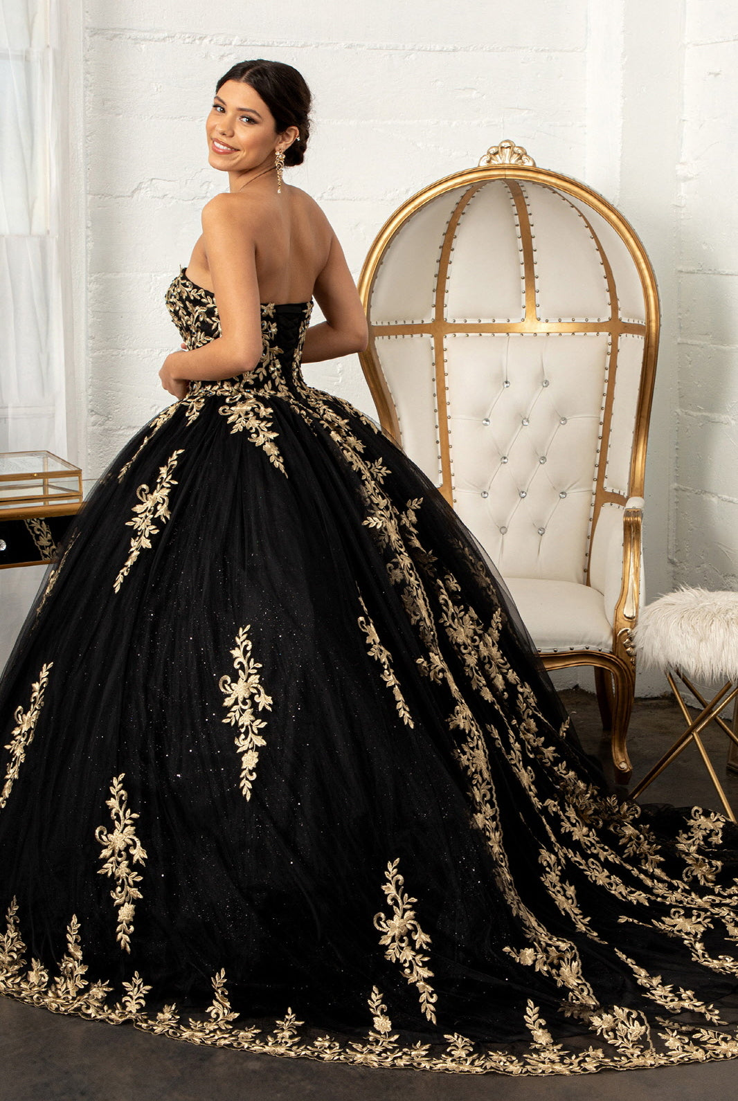 Jewel Embellished Tull Quinceanera Ball Gown Embroidered Mesh Cape GLGL3016-QUINCEANERA-smcfashion.com