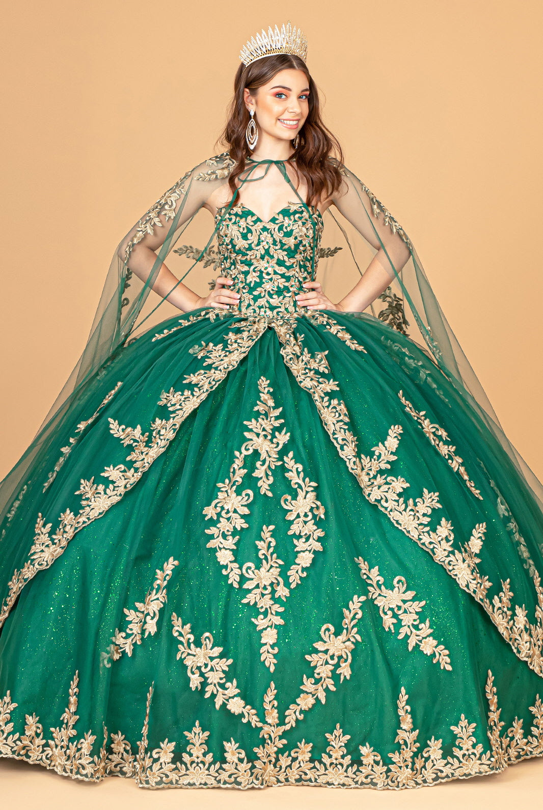 Jewel Embellished Tull Quinceanera Ball Gown Embroidered Mesh Cape GLGL3016-QUINCEANERA-smcfashion.com