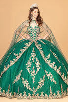 Jewel Embellished Tull Quinceanera Ball Gown Embroidered Mesh Cape GLGL3016-QUINCEANERA-smcfashion.com