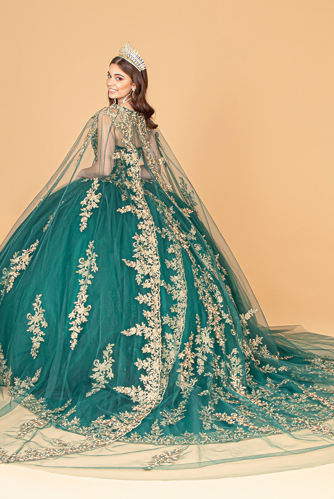 Jewel Embellished Tull Quinceanera Ball Gown Embroidered Mesh Cape GLGL3016-QUINCEANERA-smcfashion.com