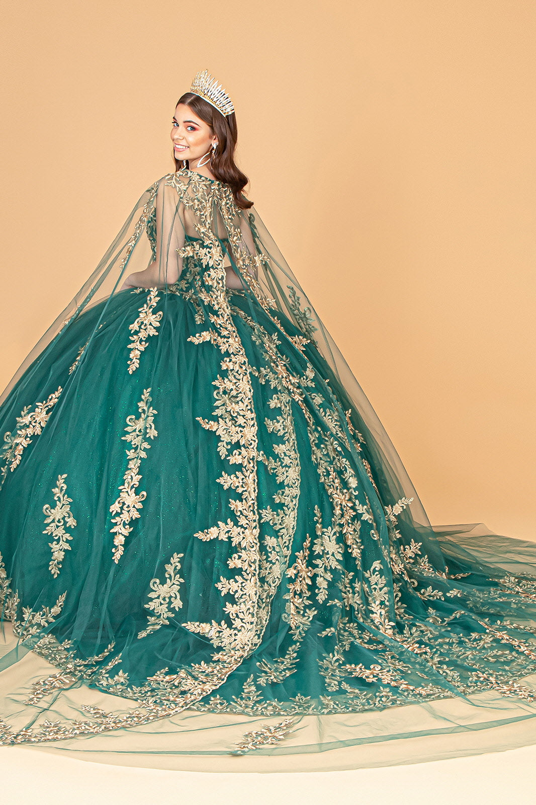 Jewel Embellished Tull Quinceanera Ball Gown Embroidered Mesh Cape GLGL3016-QUINCEANERA-smcfashion.com