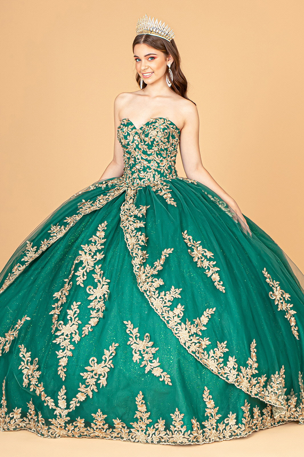 Jewel Embellished Tull Quinceanera Ball Gown Embroidered Mesh Cape GLGL3016-QUINCEANERA-smcfashion.com