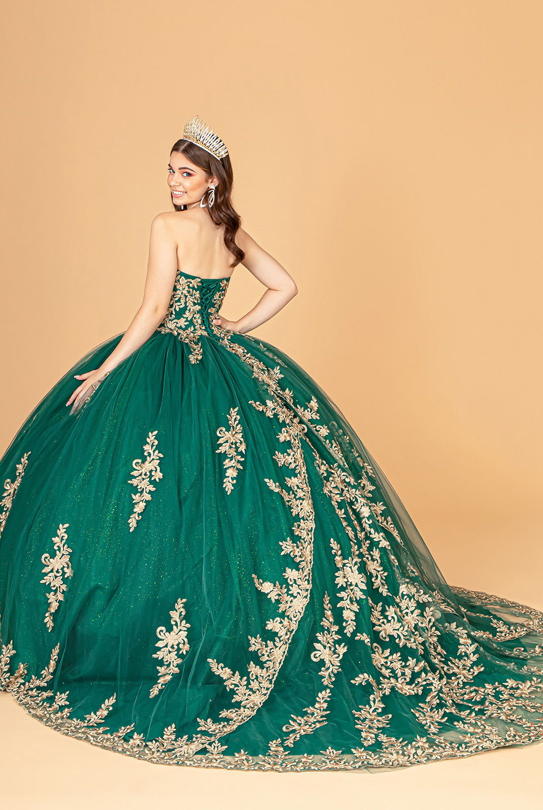 Jewel Embellished Tull Quinceanera Ball Gown Embroidered Mesh Cape GLGL3016-QUINCEANERA-smcfashion.com