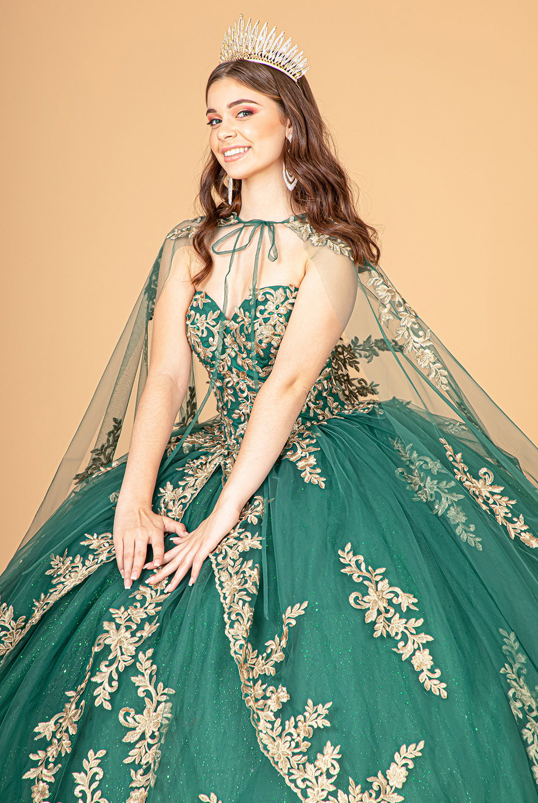 Jewel Embellished Tull Quinceanera Ball Gown Embroidered Mesh Cape GLGL3016-QUINCEANERA-smcfashion.com